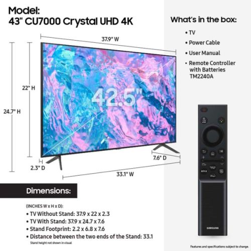 TV SAMSUNG Crystal 75 Inchs Smart OS With Built in Receiver Ultra HD – 4K Model 75CU7000